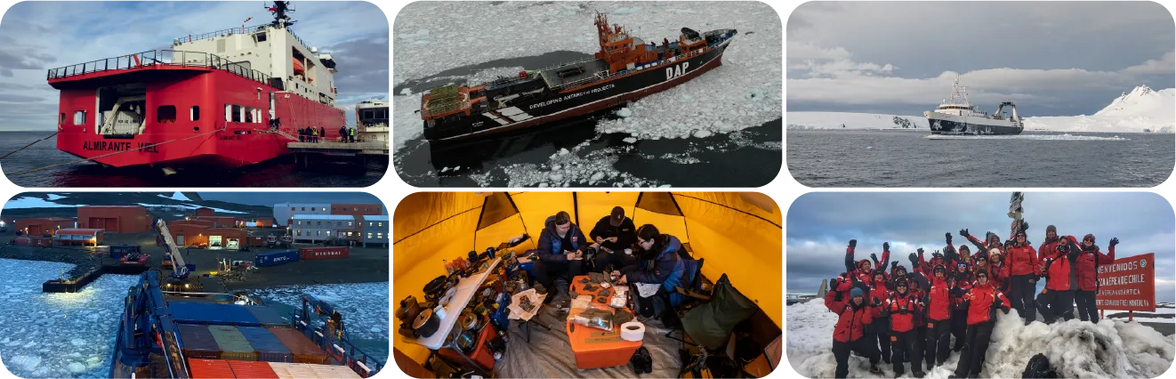 Mosaico de la actividad antártica: buques, logística, expediciones y equipos en terreno